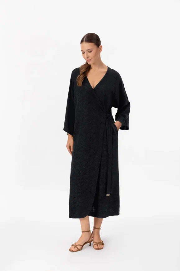 Vidutinio ilgio kimono tipo surišama suknelė SHINY LINEN